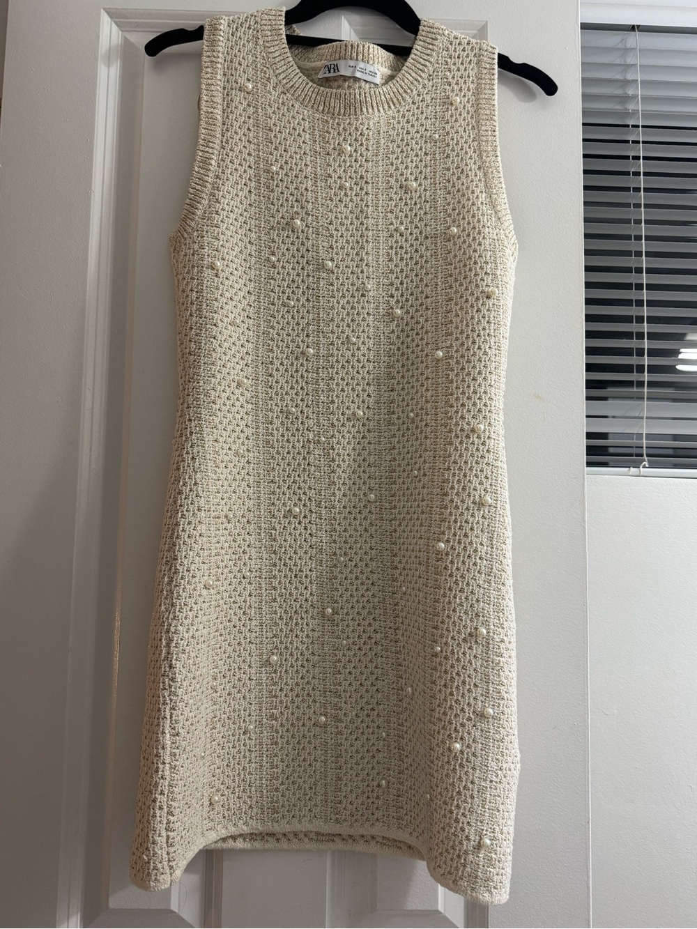 Zara Ivory Knit Pearl-Embellished Mini Dress NWT